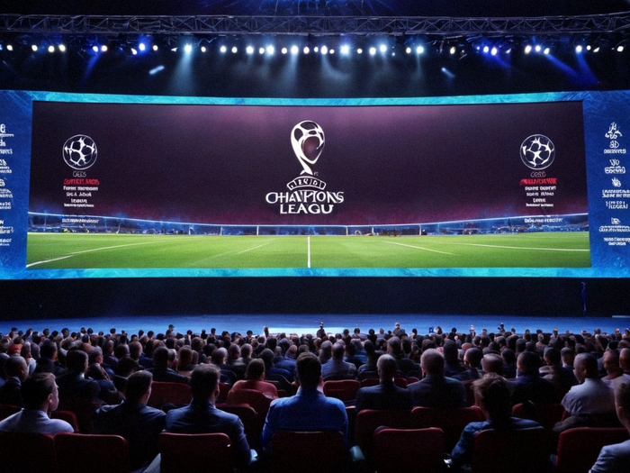 欧冠淘汰赛抽签仪式现场，展示对阵结果的大屏幕