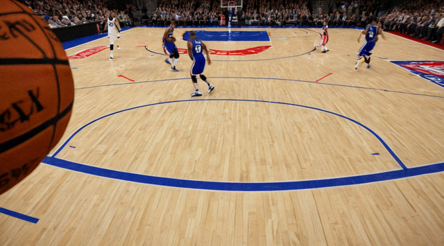 NBA篮球比赛现场，球员在三分线外起跳投篮的动作特写