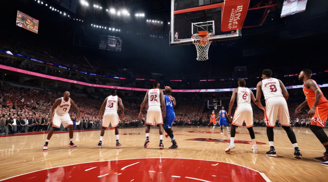 NBA篮球馆内球员持球突破的比赛瞬间